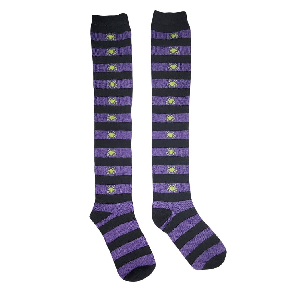 Black and Purple Striped Socks Spider Print